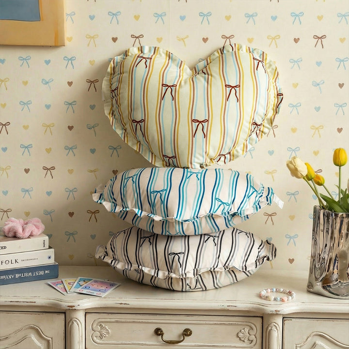 Heart-shaped cotton decorative cushion with gathered edge and heart stripe motif Kalsten