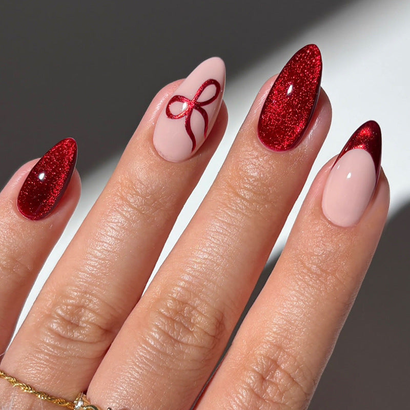 Glossy Press-On Nail Set with Elegant Ribbon Designs Kalsten