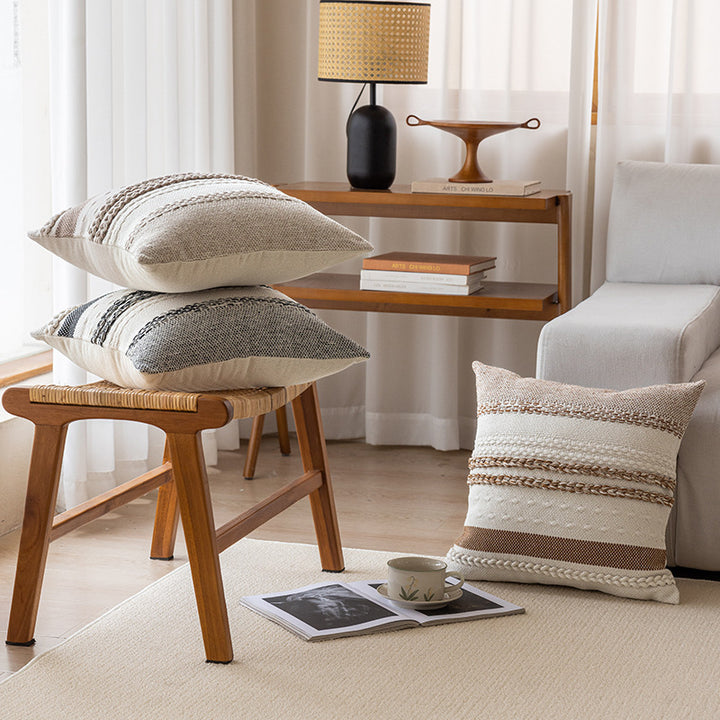 Woven Cotton Textured Lumbar Throw Pillow Cover with Braided Stripe Embellishments