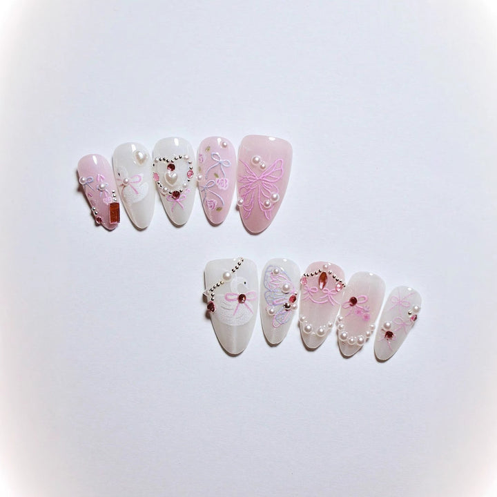 Decorative 3D Bow and Pearl Press-On Nail Art Kalsten