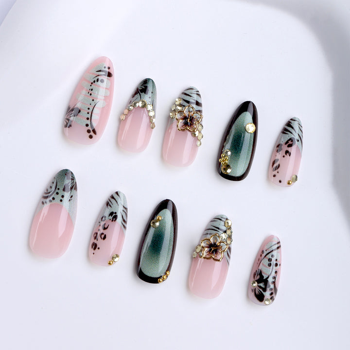 Artful Stiletto Fingernails with Floral and Geometric Decorations Kalsten