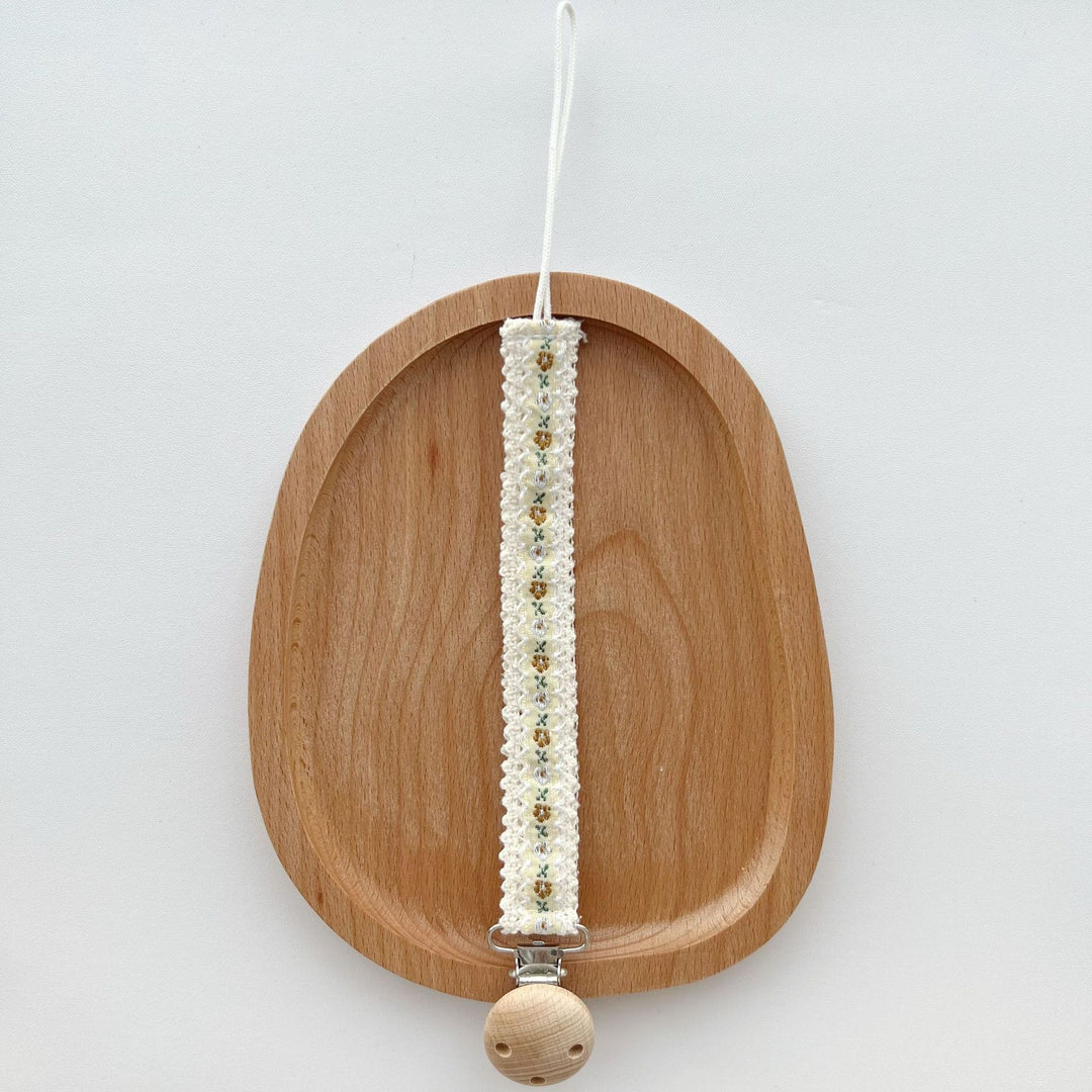 Natural Wooden Bead Pacifier Clip with Embroidered Cotton Lace Strap