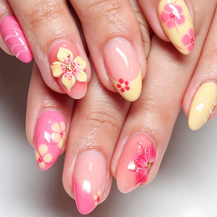 Artificial nail set with floral accents and glitter elements Kalsten