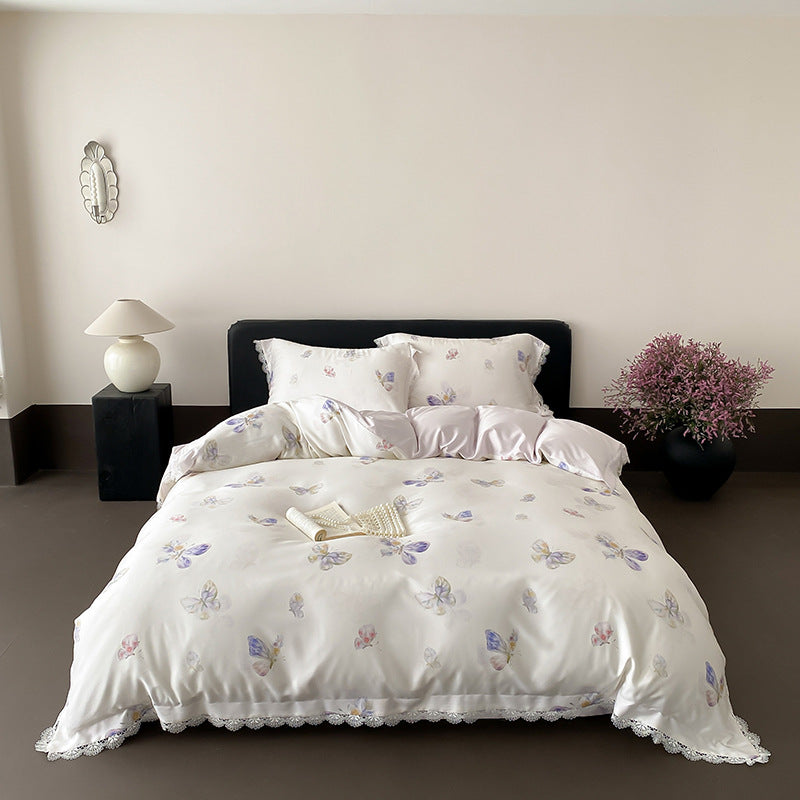 Satin bedding set with butterfly pattern and lace edge