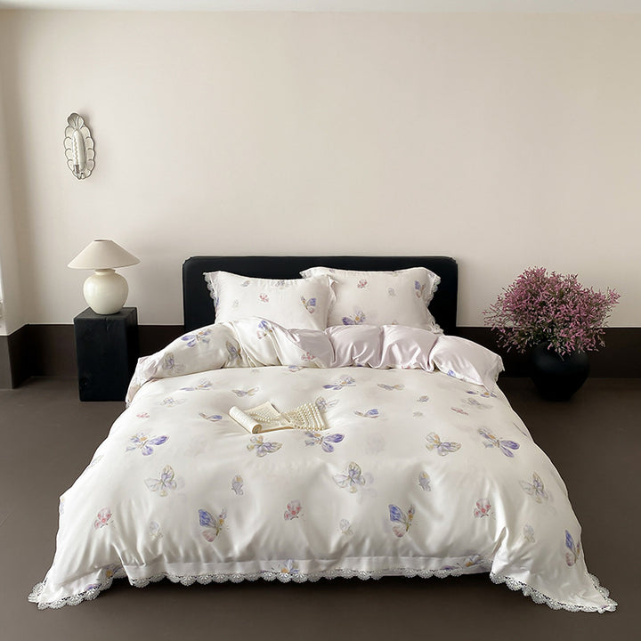 Satin bedding set with butterfly pattern and lace edge