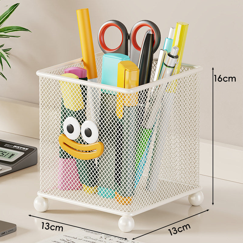 Mesh Square Desk Pen Holder with Playful Face and Raised Ball Feet
