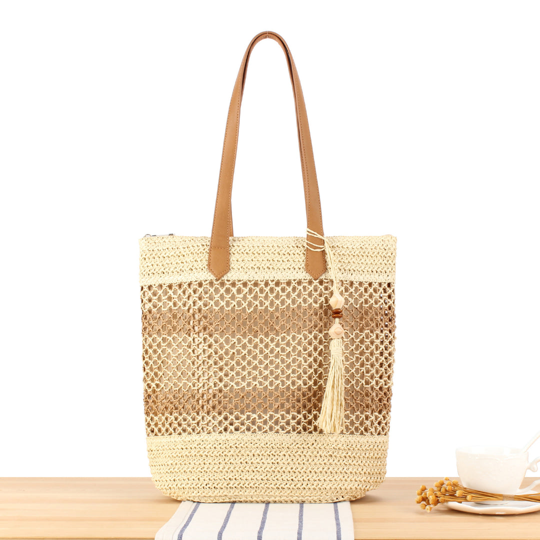 Handbag Made of Natural Braided Material with Elegant Leather Straps Kalsten