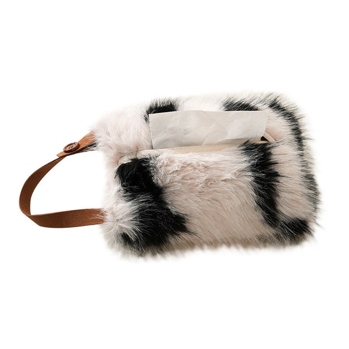 Plush tissue box cover made of faux fur with colorful pom-pom corners Kalsten