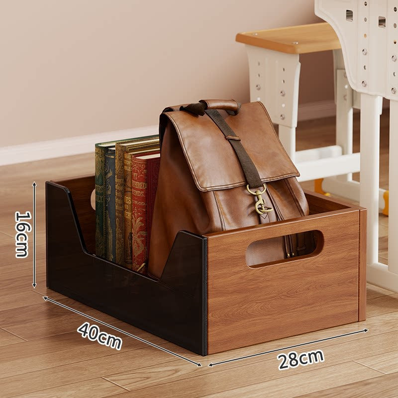 Portable Wooden Floor Storage Bin with Cutout Handles and Open-Front Book & Backpack Organizer