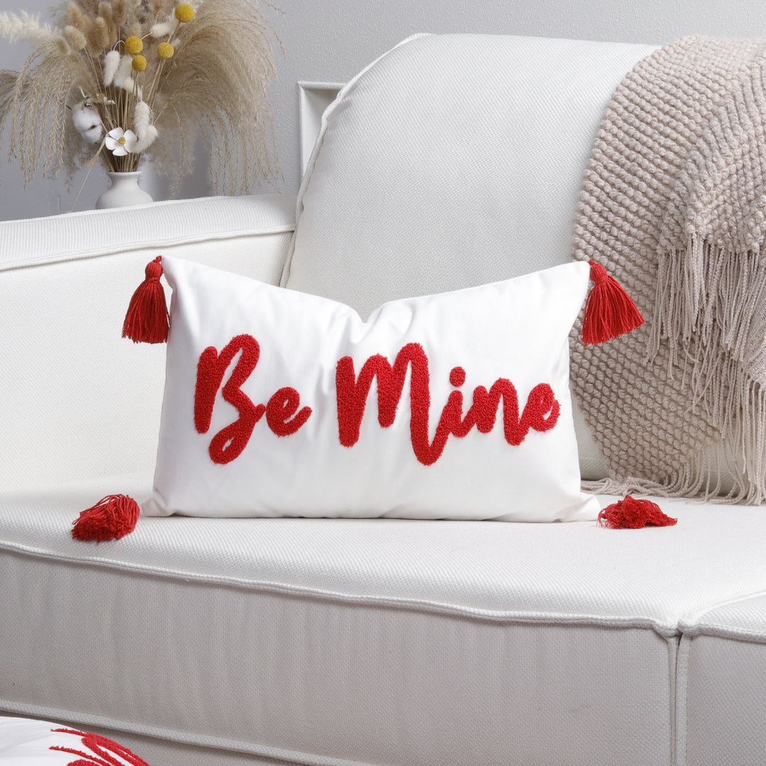 Square Decorative Pillow Cover with Fuzzy Heart Appliqué and Tassel Corners