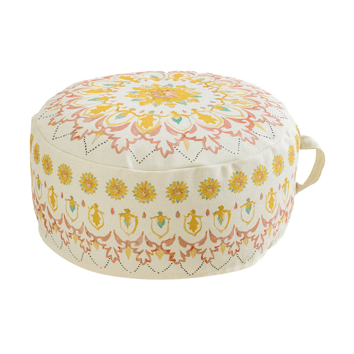 Round seat pouf with woven cotton cover and ethnic mandala print Kalsten