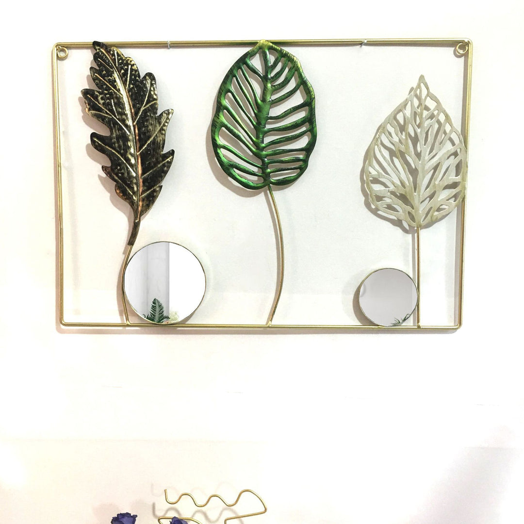 Decorative Metal Wall Art with Tropical Leaf and Mirror Design Kalsten