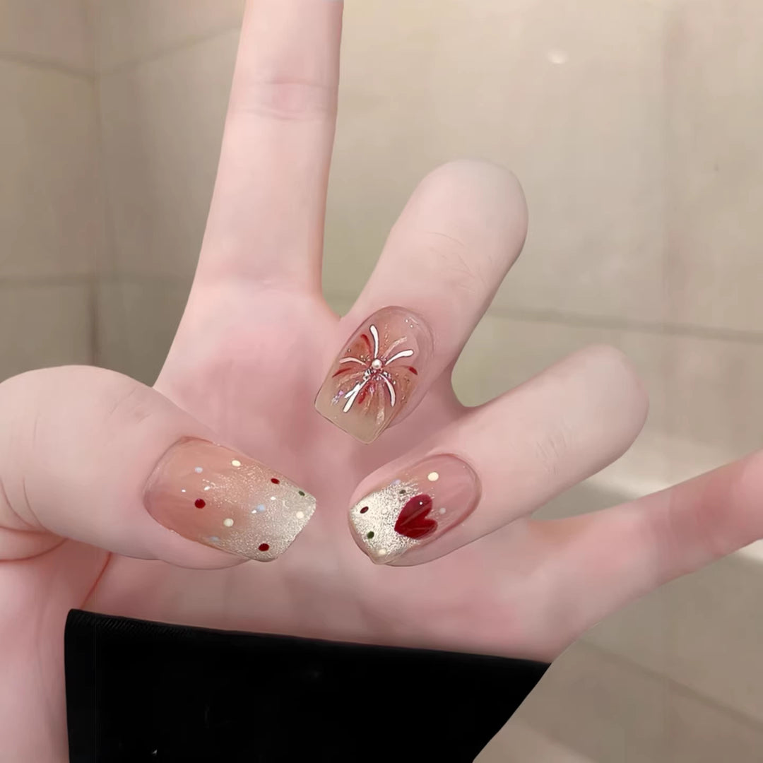 Artistic Press-On Nail Art Set with Floral and Glitter Accents