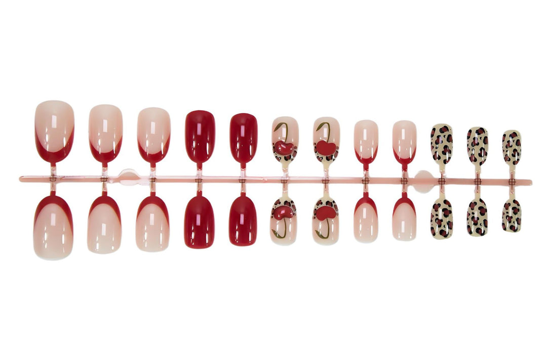 Artificial nail set with trendy leopard and cherry designs Kalsten