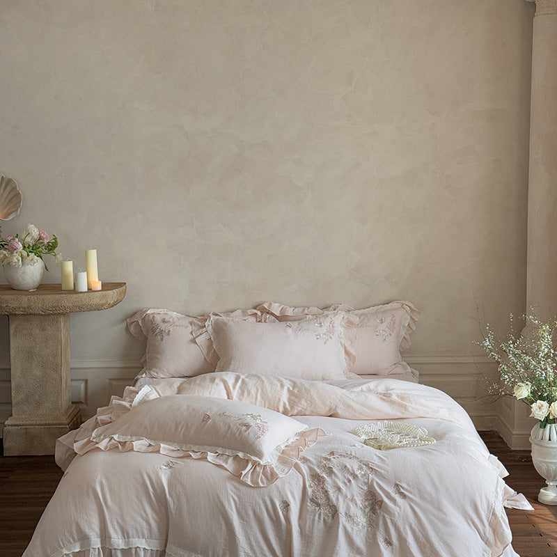 Embroidered cotton muslin bedding set with ruffle and floral watercolor embroidery design Kalsten