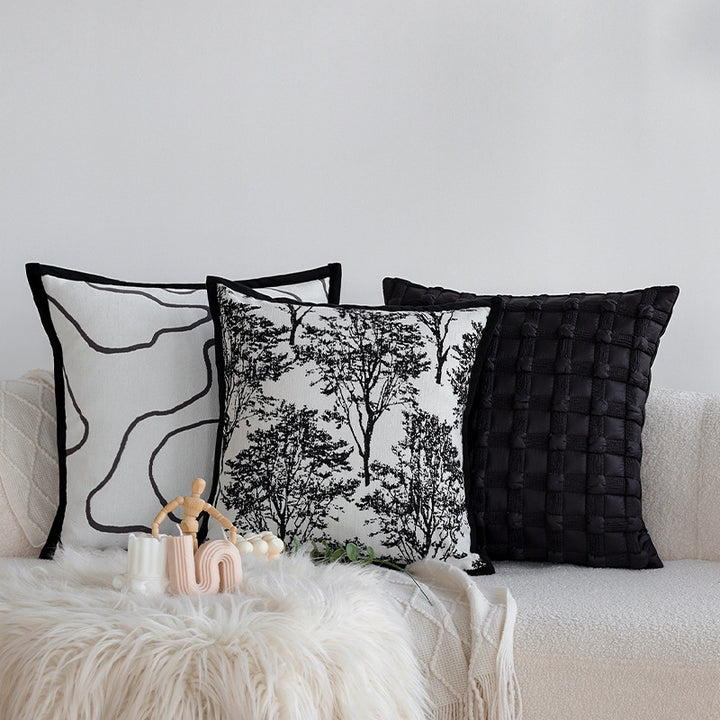 Square jacquard cushion cover with monochrome tree motif and contrasting piping Kalsten