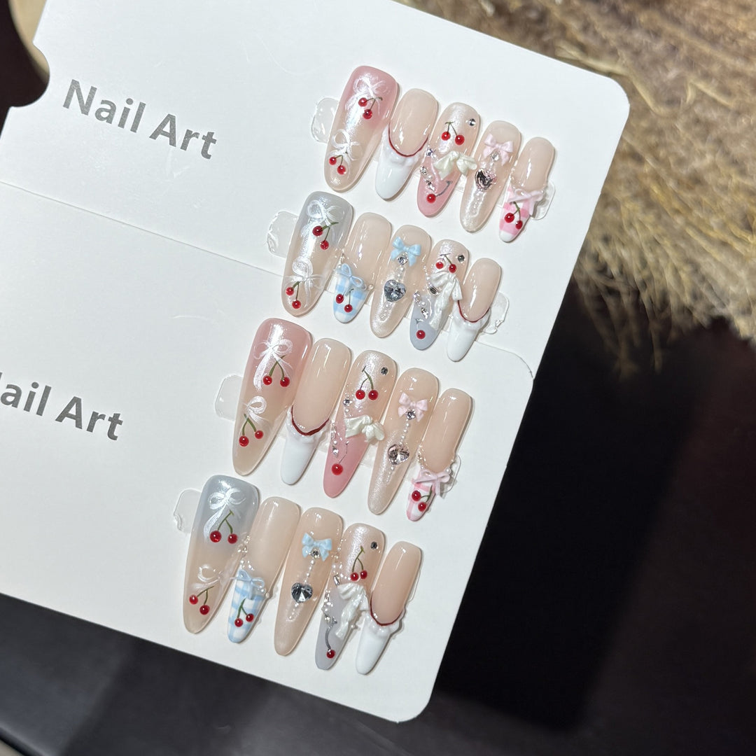 Decorative Press-On Nail Art Set with Charming Cherry Accents Kalsten