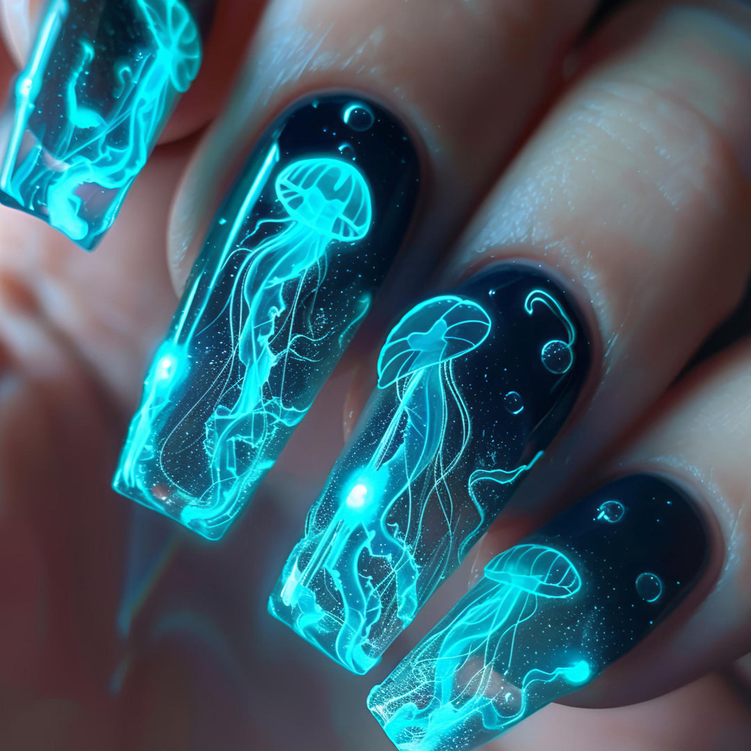Artistic Glow-in-the-Dark Jellyfish Nail Art Kalsten