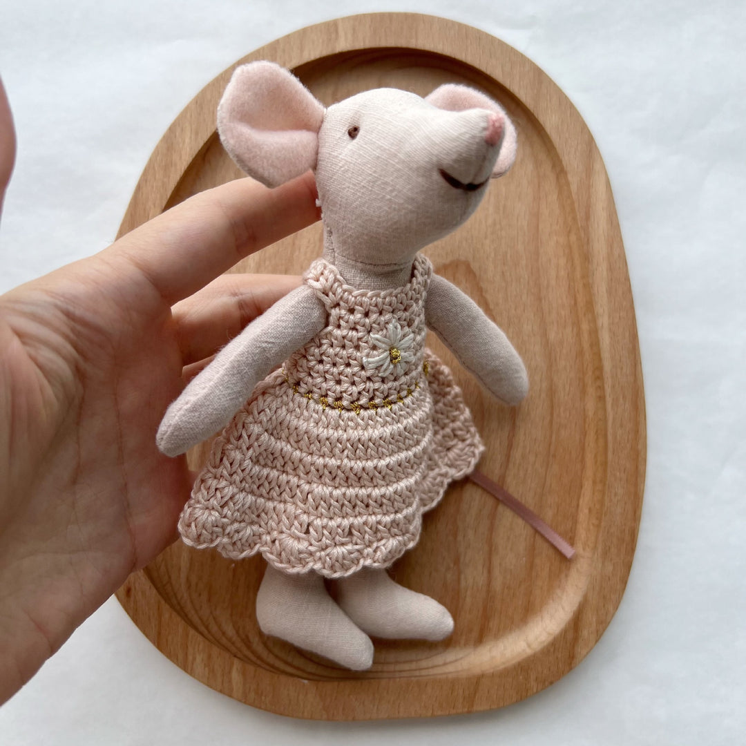 Handcrafted Linen Cotton Mouse Doll with Crochet Dress and Embroidered Flower