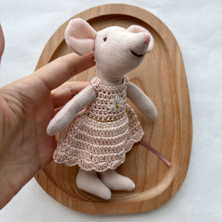 Handcrafted Linen Cotton Mouse Doll with Crochet Dress and Embroidered Flower