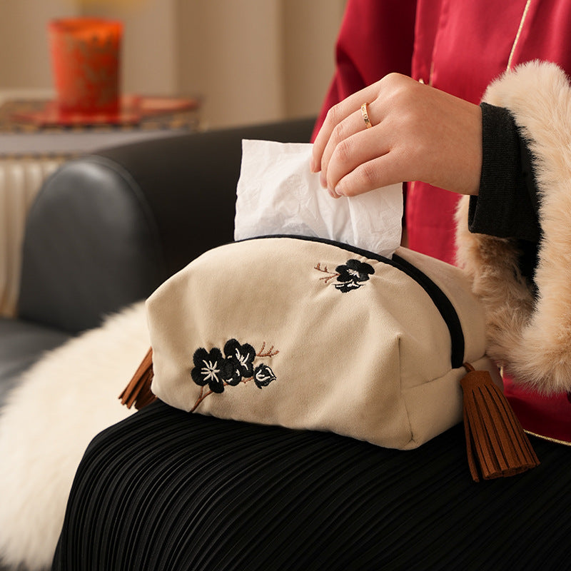 Embroidered tissue box cover made of velvet with tassels Kalsten