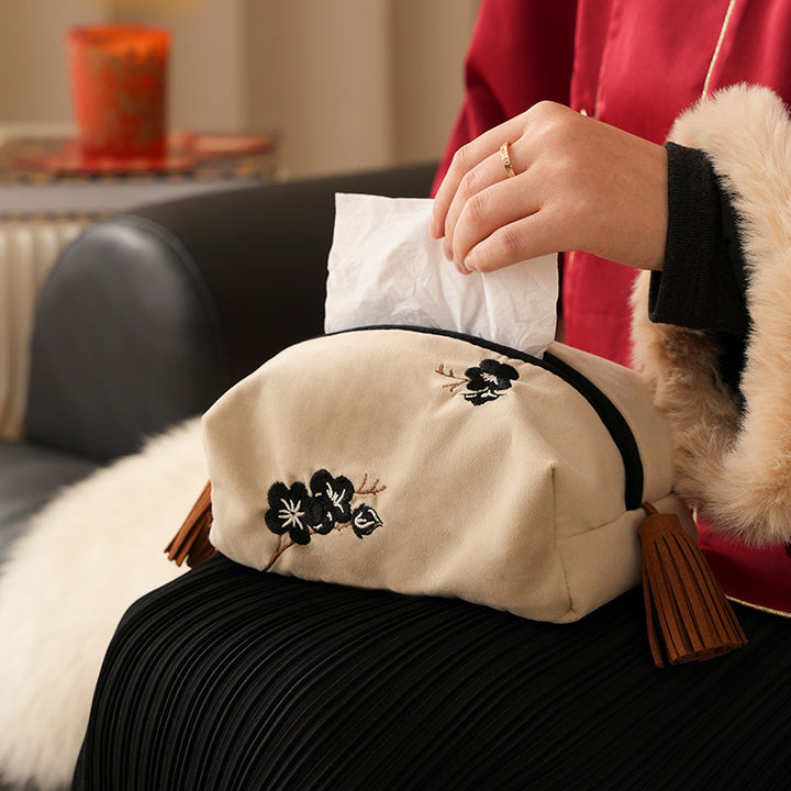 Embroidered tissue box cover made of velvet with tassels Kalsten
