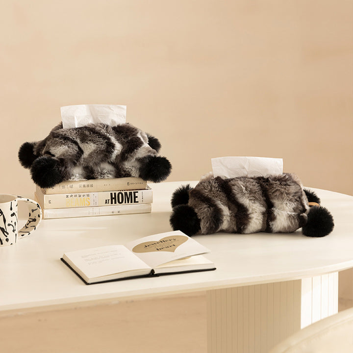 Cozy tissue box cover made of artificial fur with pom-pom application Kalsten
