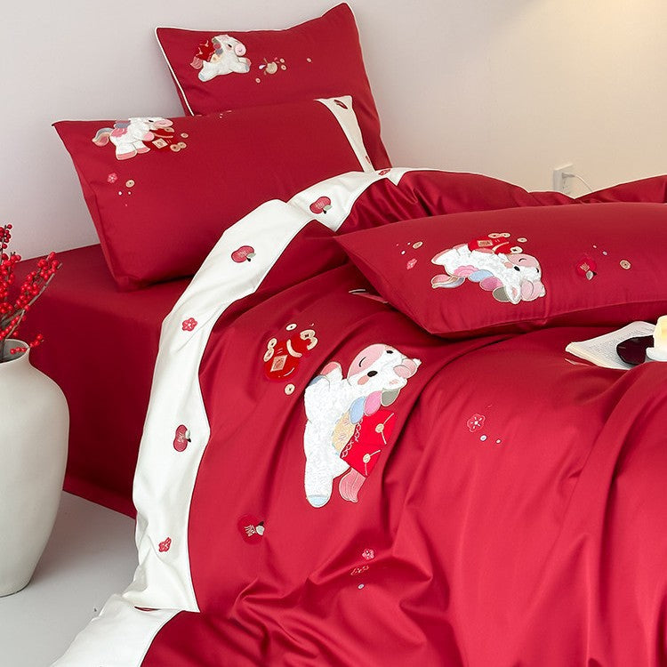 Luxurious bedding set made of fine cotton satin with elaborate embroidery & contrasting trim