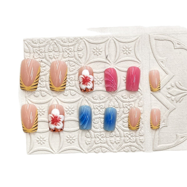 Artistic Press-On Nail Set with Floral and Wave Designs Kalsten