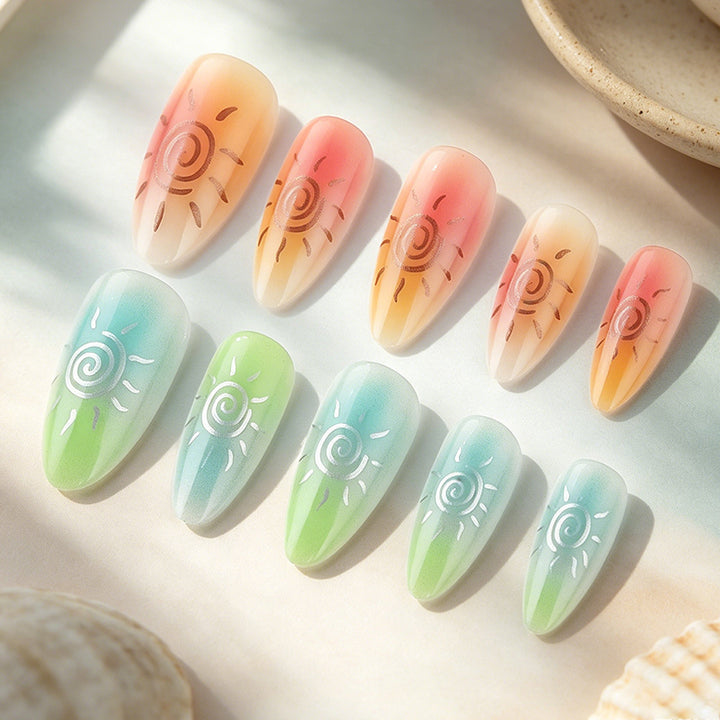 Artistic Press-On Nail Set Featuring Sun Designs Kalsten