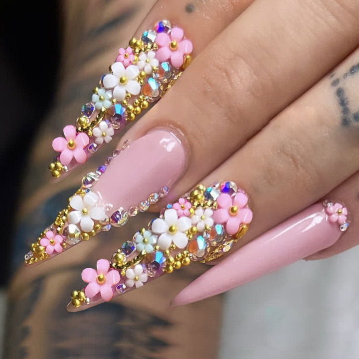 Artificial nail set with floral 3D decorations and glitter Kalsten