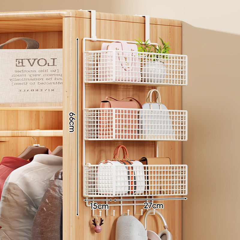 Over-the-Door Metal Grid Hanging Organizer with Four Stackable Baskets and Hooks