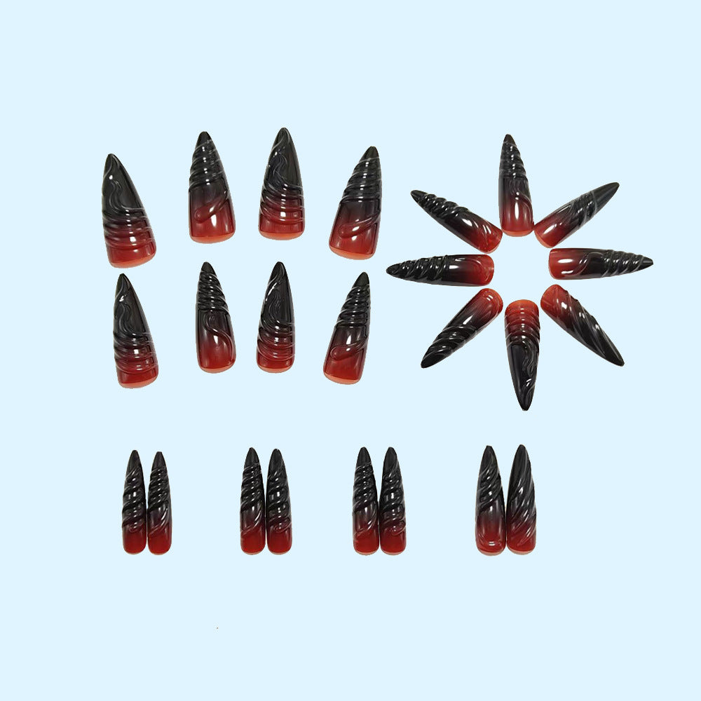 Acrylic Nail Set with Elegant Tips and Black-Red Gradient Color Kalsten