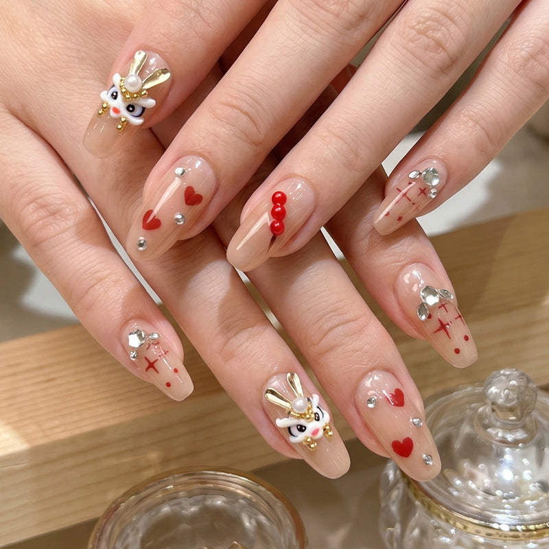 Artistic Press-On Nail Set with Themed Rabbit and Heart Designs Kalsten