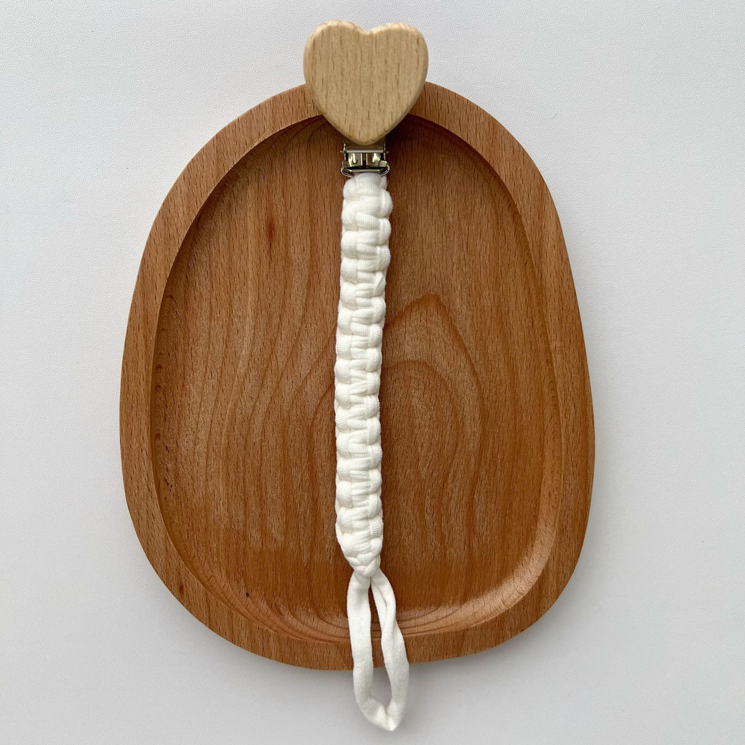 Braided Fabric Pacifier Clip with Wooden Heart Safety Clamp