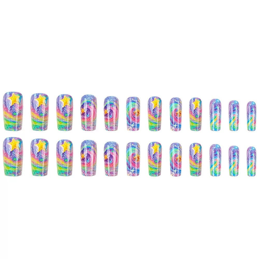 Glittering artificial nail set with colorful spiral design and star accents Kalsten