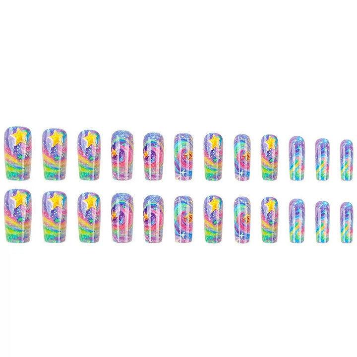 Glittering artificial nail set with colorful spiral design and star accents Kalsten