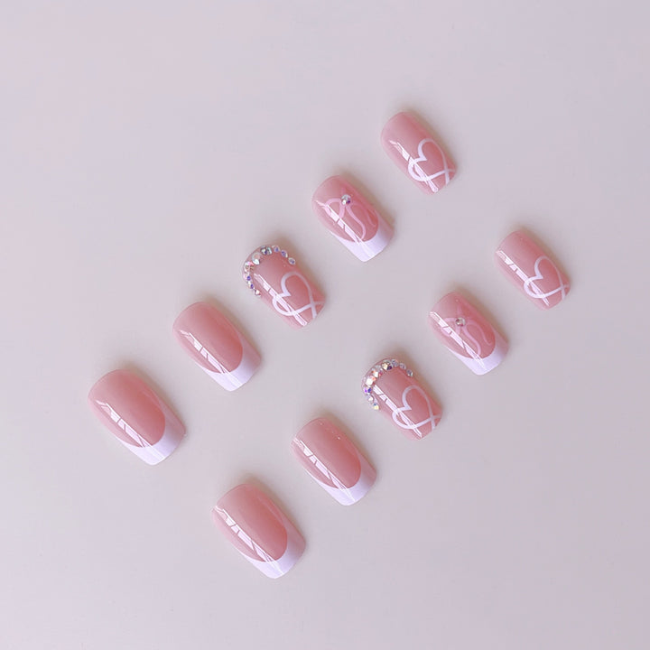 Elegant Nail Art Set with Heart Designs and Rhinestone Details Kalsten