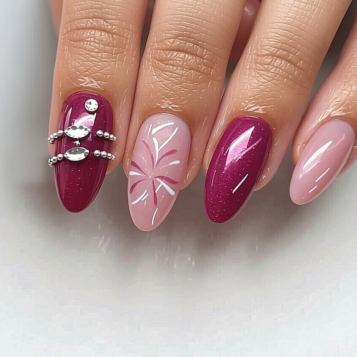 Artistic Press-On Nail Set with Floral Patterns and Gem Accents Kalsten