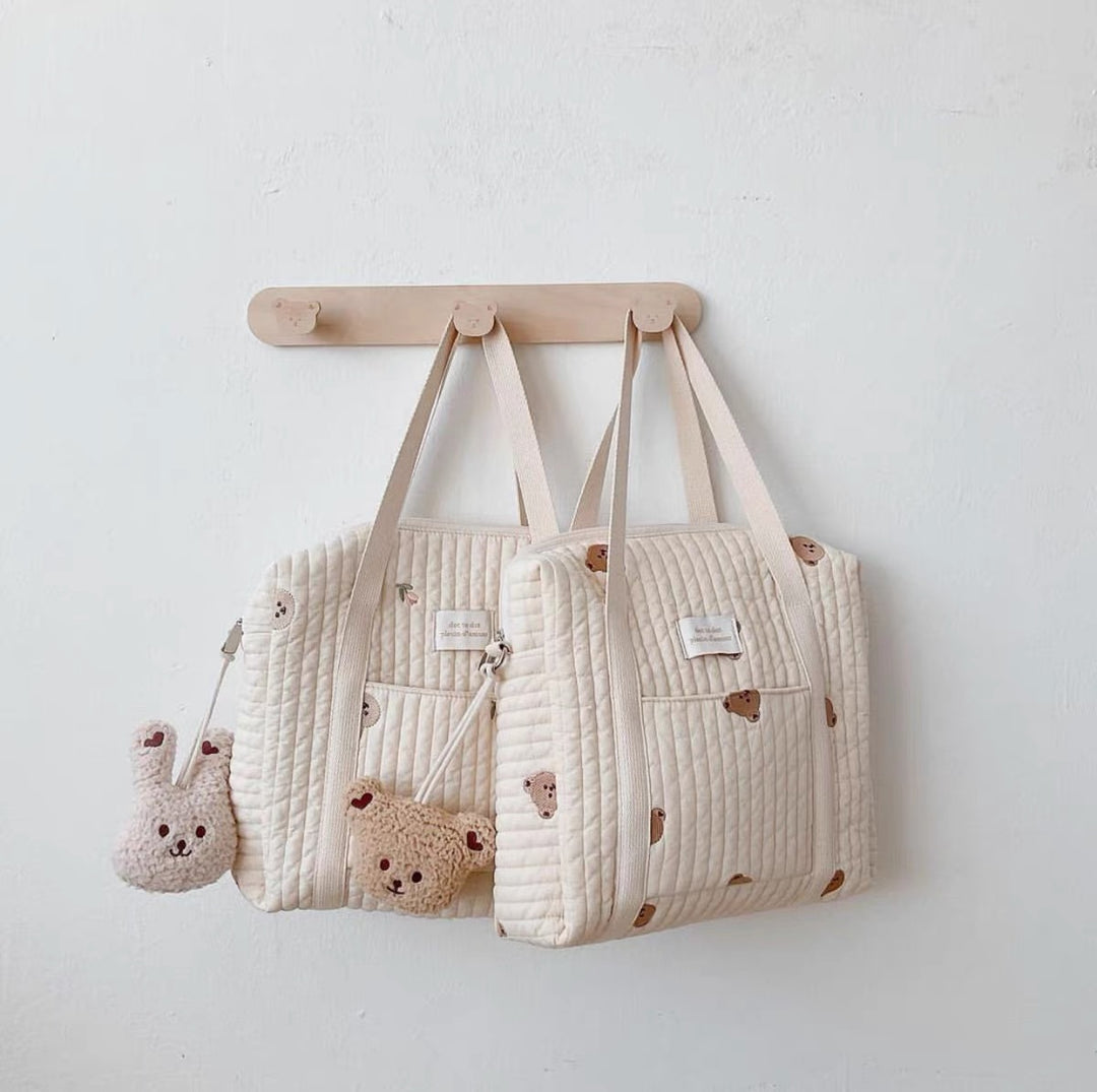 Quilted Convertible Diaper Backpack with Embroidered Animal Appliqué and Stroller Hook