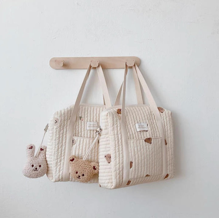 Quilted Convertible Diaper Backpack with Embroidered Animal Appliqué and Stroller Hook