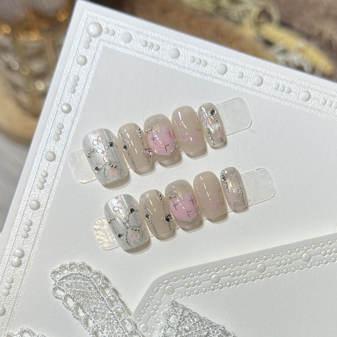 Decorative Press-On Nail Set with Heart and Silver Accents Kalsten