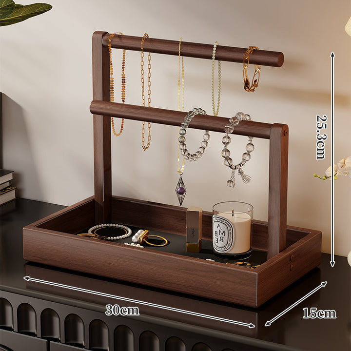Tiered Wooden Jewelry and Watch Organizer with Tray and Hanging Rods