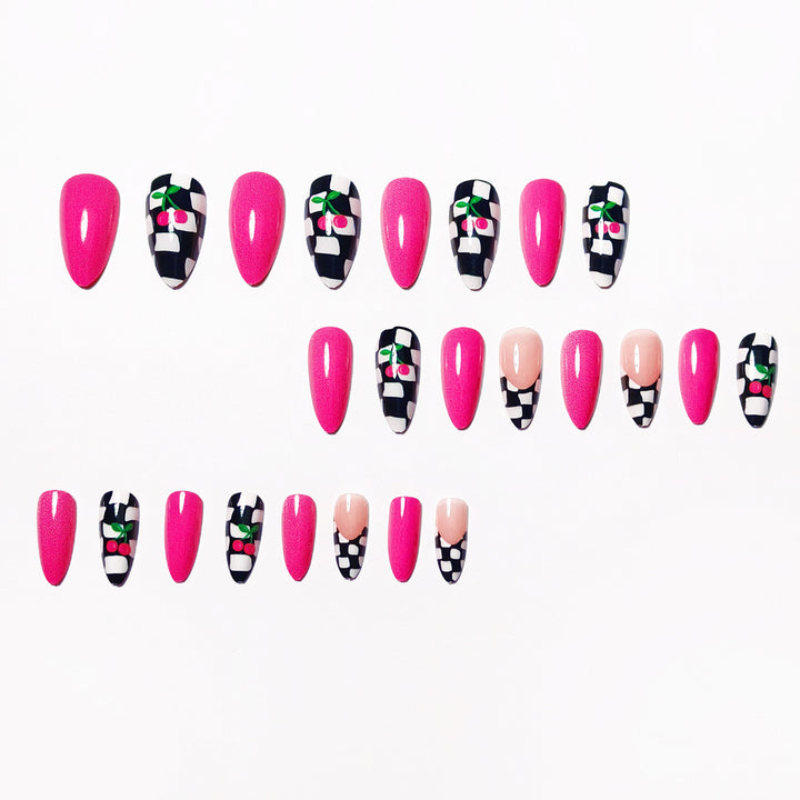 Creative artificial nails with playful cherry and checkerboard design Kalsten