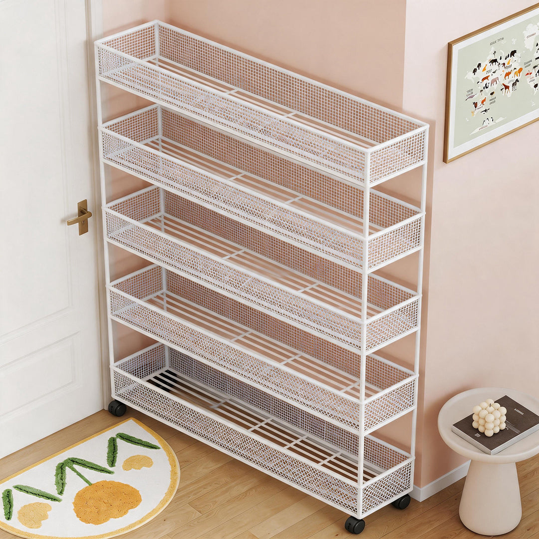 Industrial Metal Mesh Four-Tier Narrow Bookshelf Organizer