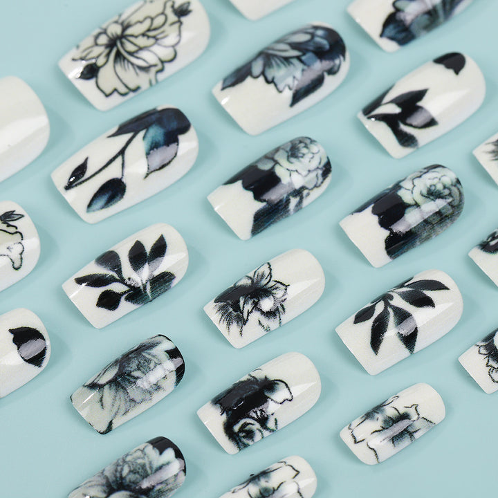 Artificial nails with floral black-and-white design Kalsten