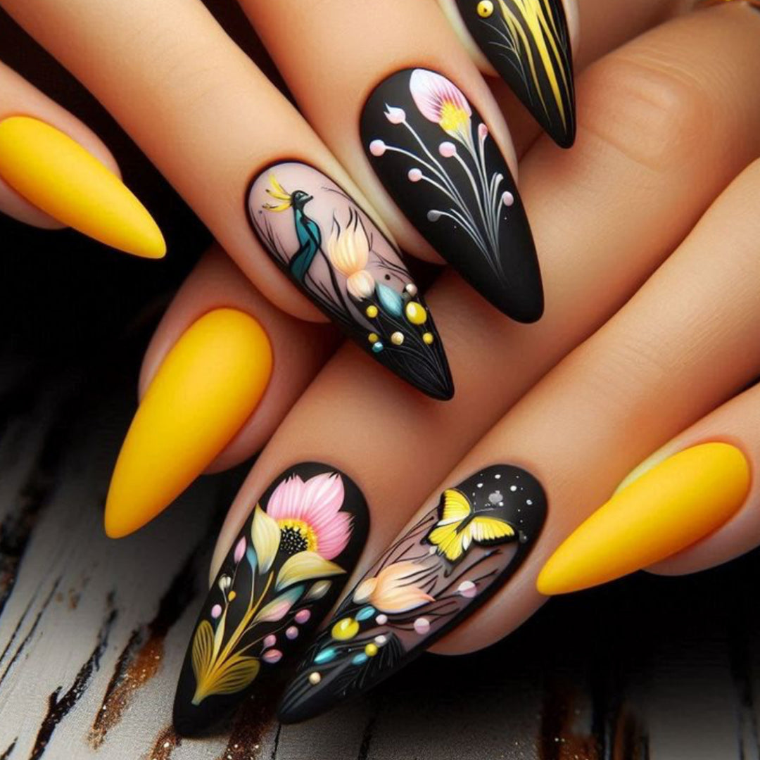 Artistic Floral Design Stiletto Nail Art Extensions Kalsten