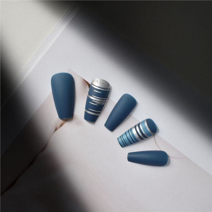 Fashionable Matte Finish Press-On Nails with Metallic Stripes Kalsten