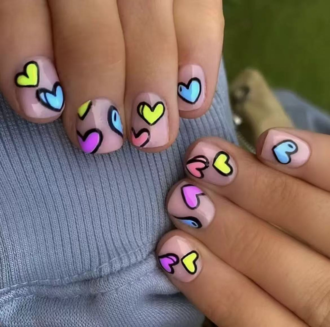 Acrylic Nail Set with Colorful Heart Designs Kalsten