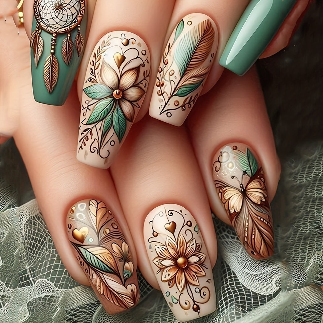 Creative artificial nails with floral and dreamcatcher design elements Kalsten